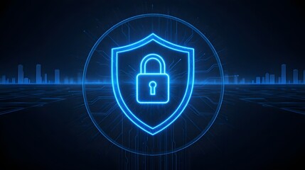 Advanced digital security with glowing shield and padlock protecting urban data networks, a modern concept for cybersecurity and privacy solutions