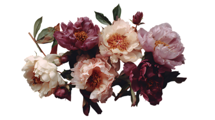A lush bouquet of peonies in shades of pink and cream isolated on transparent background