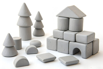 Grey modeling clay blocks and pieces isolated on white