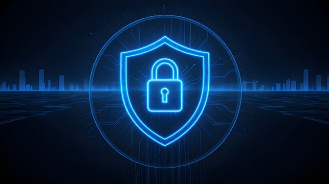 Advanced digital security with glowing shield and padlock protecting urban data networks, a modern concept for cybersecurity and privacy solutions