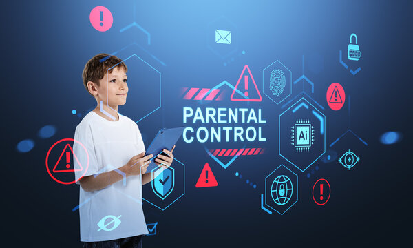 Smiling boy using tablet surrounded by digital safety icons and - Powered by Adobe