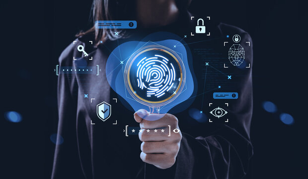 Fingerprint identification with futuristic biometric icons for data security and authentication concept on dark background with digital interface overlay.