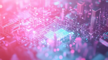 Digital cityscape circuit board with futuristic neon lines