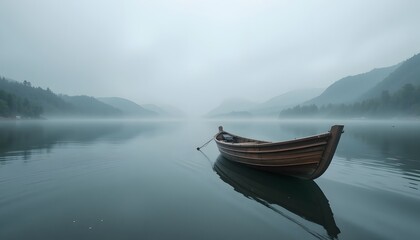 Serene Foggy Landscape with Wooden Boat on Tranquil Water at Dawn