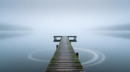 Serene Misty Dock at Dawn Reflecting in Calm Water Landscape