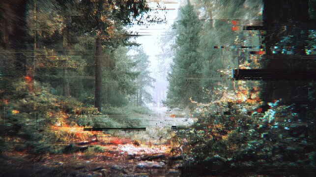 Glitch art forest path with abstract digital distortion
