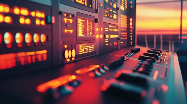 Sci fi control panel with bright lights during sunset