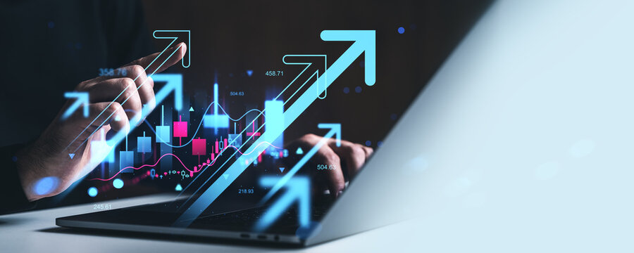 Business analytics concept with person analyzing upward financial growth on laptop using digital charts and arrows on futuristic background. - Powered by Adobe