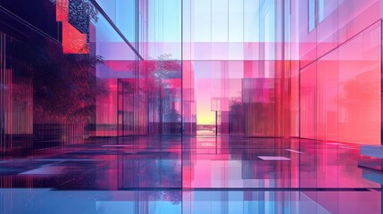 Abstract glass architecture reflecting modern digital glitch art