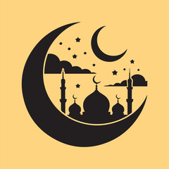 Islamic Mosque Silhouette in Crescent Moon – Spiritual Night Scene with Stars and Clouds