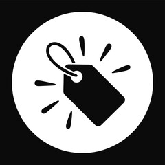 Black and white icon of a price tag with radiating lines