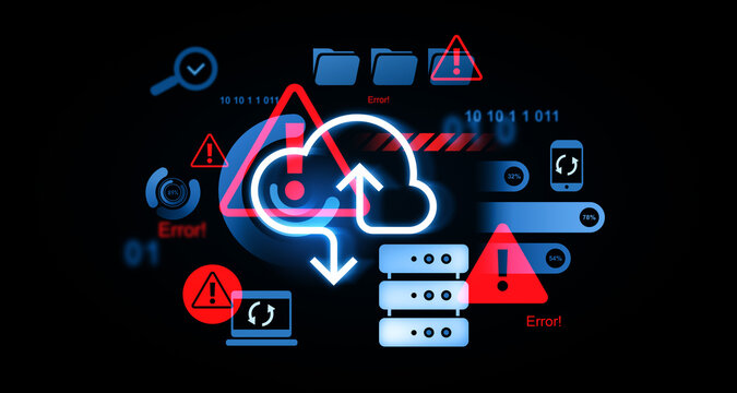 Cloud storage error and data synchronization failure concept with critical warning signs and digital system malfunction interface on dark blur background. 3D Rendering - Powered by Adobe