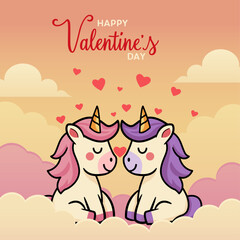 Valentine Unicorns on Clouds-A charming Valentine's Day-themed vector illustration featuring two cartoon unicorns sitting peacefully on fluffy clouds