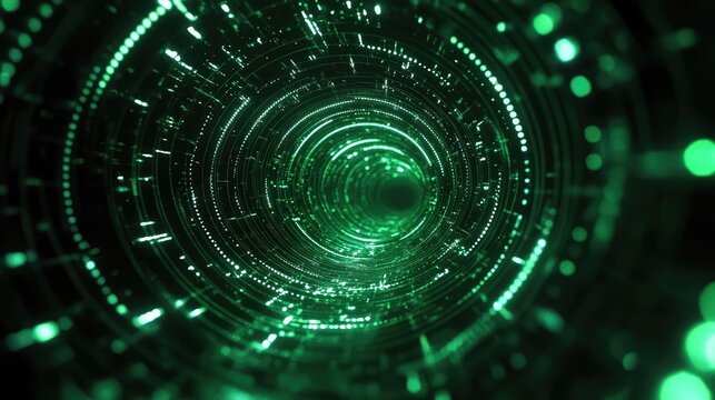 Abstract digital tunnel transmitting data and glowing green