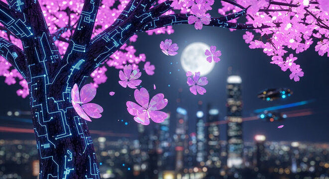 Japanese Cherry Blossom Tree with Glowing Circuit Board Bark and Holographic Petals at Night