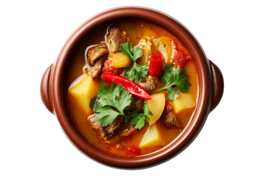 Cazuela chilean Stew pot served in rustic bowl isolated on white transparent background, traditional South American homemade cuisine