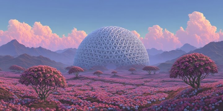 Una visi&oacute;n on&iacute;rica de un domo futurista en un paisaje alien&iacute;gena ba&ntilde;ado por la luz del amanecer.
