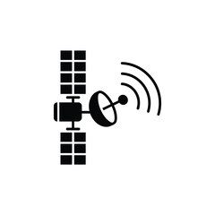 Black and white icon of a satellite transmitting signals