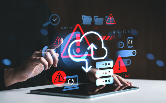 Cloud storage error warning concept with server icons and cybersecurity risks displayed as holographic interface over tablet and hand gesture interaction. - Powered by Adobe