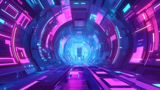 Futuristic neon tunnel glowing with technology and data flow