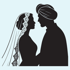 Romantic South Asian Wedding Silhouette – Traditional Bride and Groom Black & White Vector Art