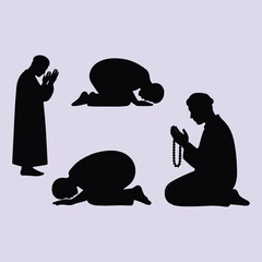 Islamic Prayer Silhouette Set – Devotional Postures with Tasbih on Transparent Background