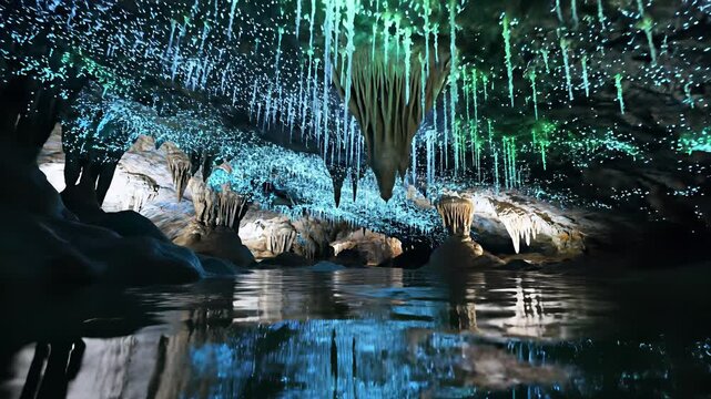 Swimmers gliding through bioluminescent caves, surrounded by tranquil waterfalls and Waitomo Glowworm Caves ambiance, perfect for promoting wellness retreats or spa experiences that promise.