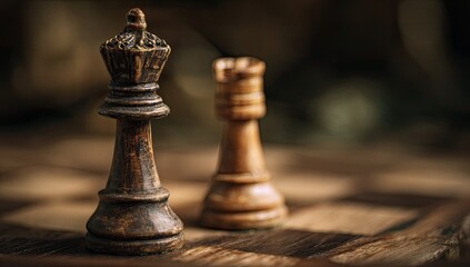 Fototapeta premium Two antique chess queens face each other on a wooden board