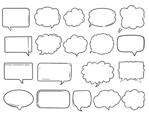 Collection of 20 hand-drawn, outlined speech bubbles in various shapes