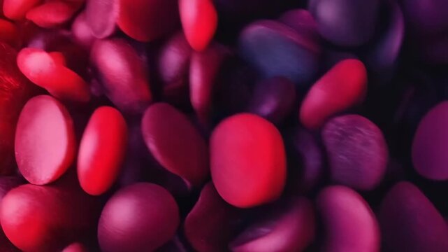 An array of circular shapes showcases a blend of deep purple and vibrant red hues, creating an abstract and colorful composition filled with rich textures and tonal variations.