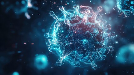 Microscopic virus structure floating in dark glowing environment