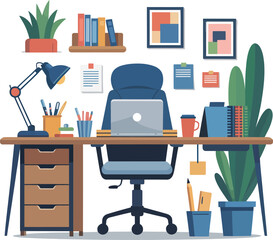 Modern home office workspace with laptop, desk, chair, and plants