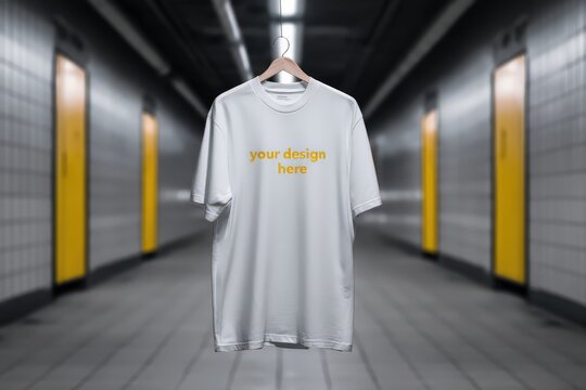 Una camiseta blanca colgada en un pasillo industrial con iluminaci&oacute;n tenue.