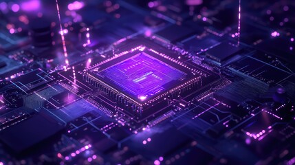 Electronic circuit board with glowing processor transmitting data