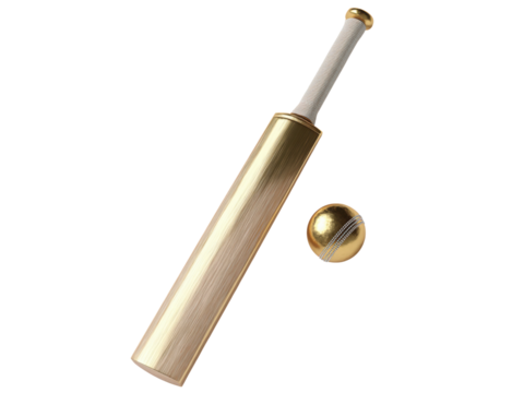 A gold bat and ball are shown on a white background - Powered by Adobe