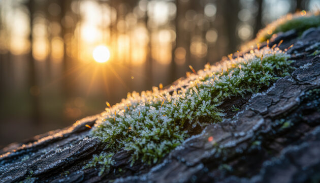 Frosted moss on tree bark with golden sunrise light in winter forest. Perfect for nature backgrounds, environmental content, meditation apps, seasonal photography, woodland themes, and calendar images