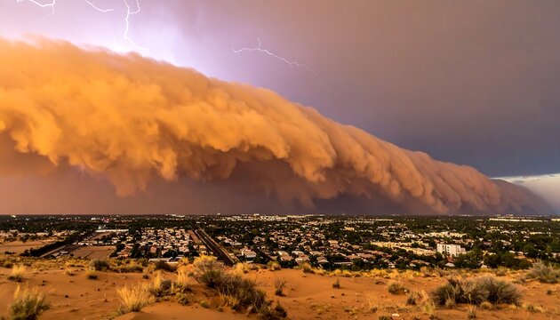 Massive orange dust storm front with lightning strikes approaches a suburban city, creating a dramatic and powerful atmospheric spectacle.