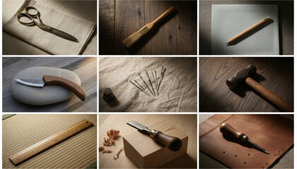 Collection of traditional artisan hand tools on natural materials with vintage aesthetic. Perfect for craft blogs, woodworking websites, handmade product marketing, DIY content, and maker space brand