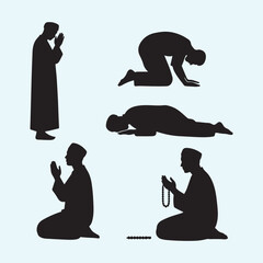 Islamic Prayer Silhouette Set  Salah and Tasbih Postures Depicting Spiritual Devotion and Worship