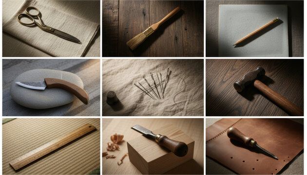 Collection of traditional artisan hand tools on natural materials with vintage aesthetic. Perfect for craft blogs, woodworking websites, handmade product marketing, DIY content, and maker space brand