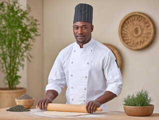 African American male chef in white uniform and hat, rolling dough on wooden table surrounded by herbs and spices, showcasing culinary skills in a modern kitchen environment