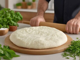 Male chef preparing fresh dough on a wooden board surrounded by vibrant herbs and ingredients, showcasing culinary skills and the art of baking in a modern kitchen