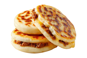 Grilled arepas plain sandwich filled with melted cheese and ground beef, isolated on white transparent background, concept of Latin street food