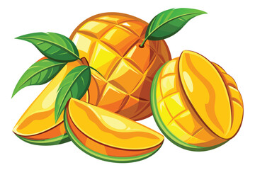 Juicy mango fruit with green leaves are arranged beautifully on a bright white background