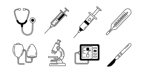 Obraz premium Medical equipment icons stethoscope syringe thermometer microscope