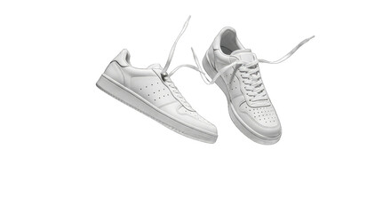 Two white sneakers with untied laces isolated on a transparent background