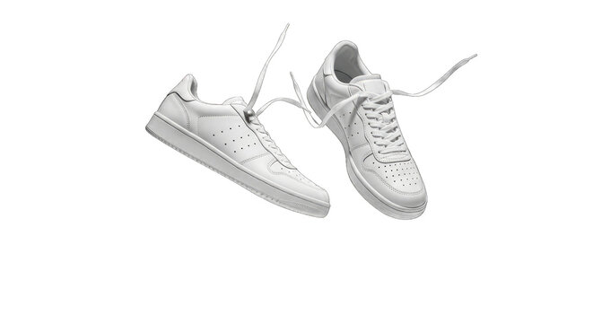 Two white sneakers with untied laces isolated on a transparent background - Powered by Adobe
