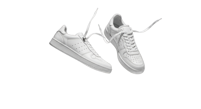 Two white sneakers with untied laces isolated on a transparent background