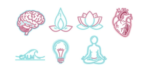 Obraz premium Conceptual icons of brain heart lotus wave light bulb and meditating figure