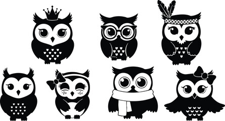 Owl collection with diverse styles and accessories in black and white vector illustration 